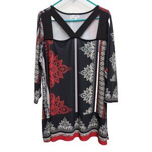 Avenue Womens BOHO Tunic Top Size 22/24 Black Floral Cutout 3/4 Sleeve Casual